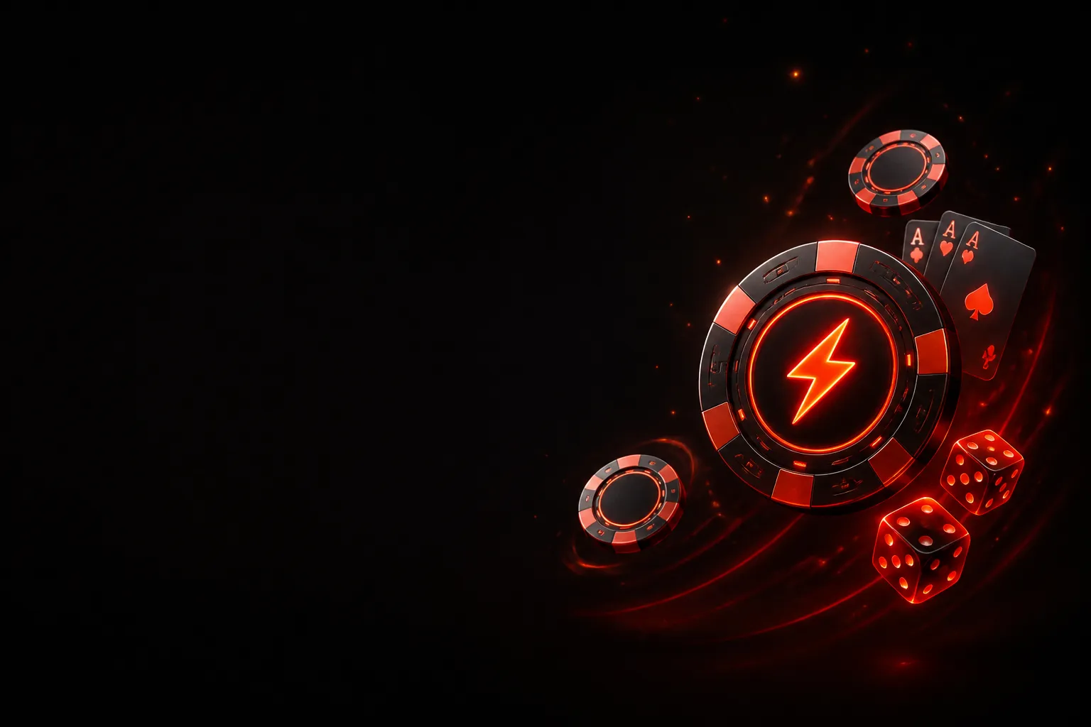 Premium casino chip in dark setting, red-orange glow, lightning bolt, subtle depth, elegant 3D elements.