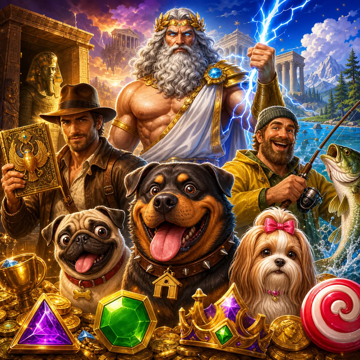High-quality digital illustration of slot game characters in a vibrant fantasy setting with lush environments and cinematic l